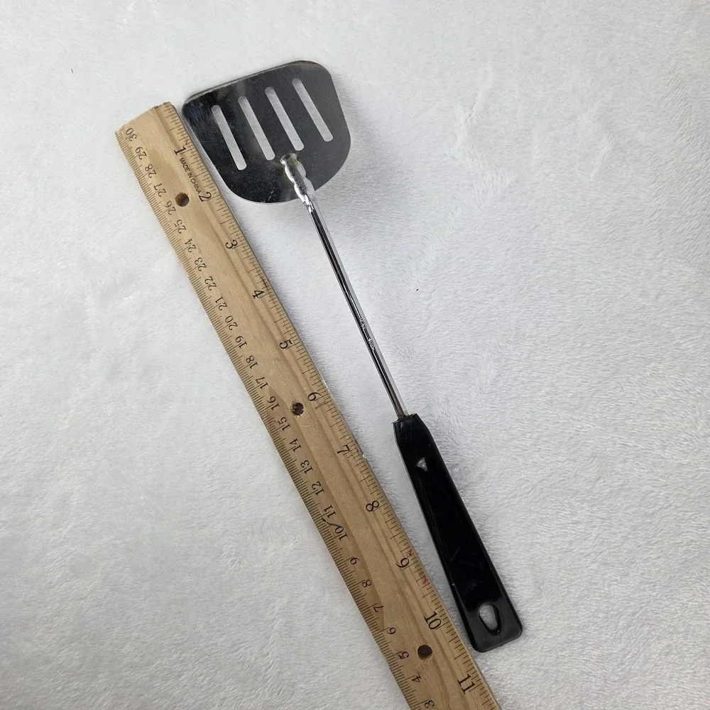 Vintage Slotted Turner Spatula AMES Black Plastic Handle Metal Shaft 10.5 Inch